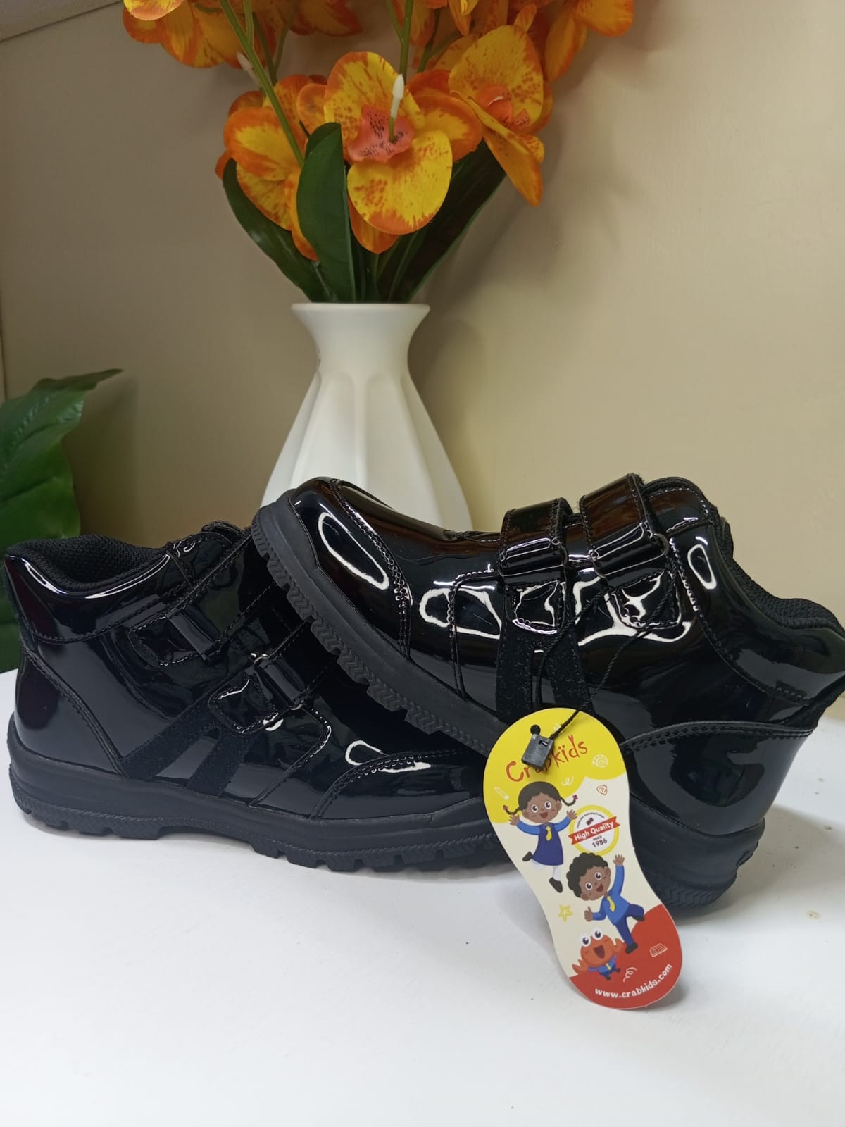 CrabKids Patent Double Strap School Shoe