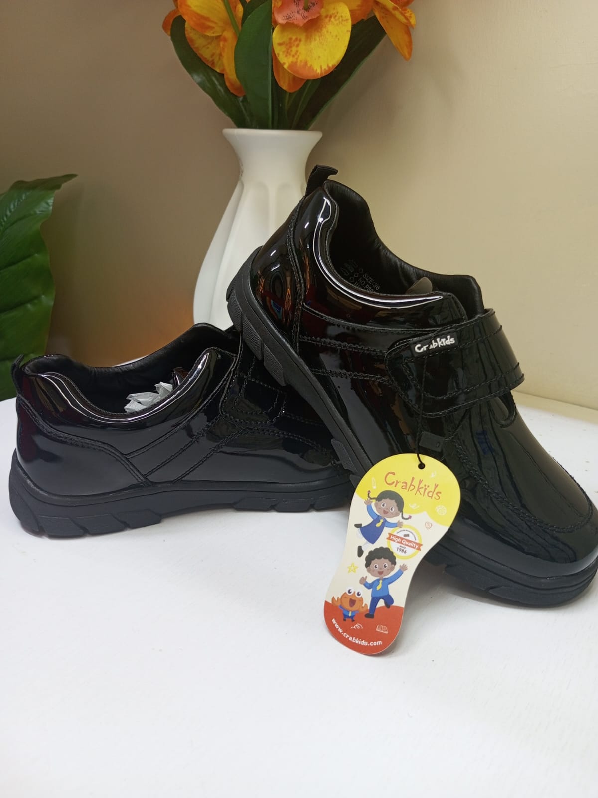 CrabKids Patent Single Strap School Shoe